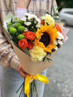 Букет с подсолнухом и хризантемами #A6645